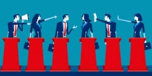 an illustration of alternating men and women at podiums expressing non verbal opinions representing politics
