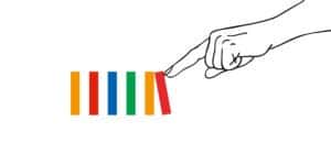 image of an illustrated hand pushing over a row of dominos